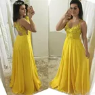 Желтые Вечерние платья а-силуэта с V-образным вырезом, иллюзионный Топ, вечернее платье с аппликациями и блестками, длиной до пола, шифоновые платья для торжества