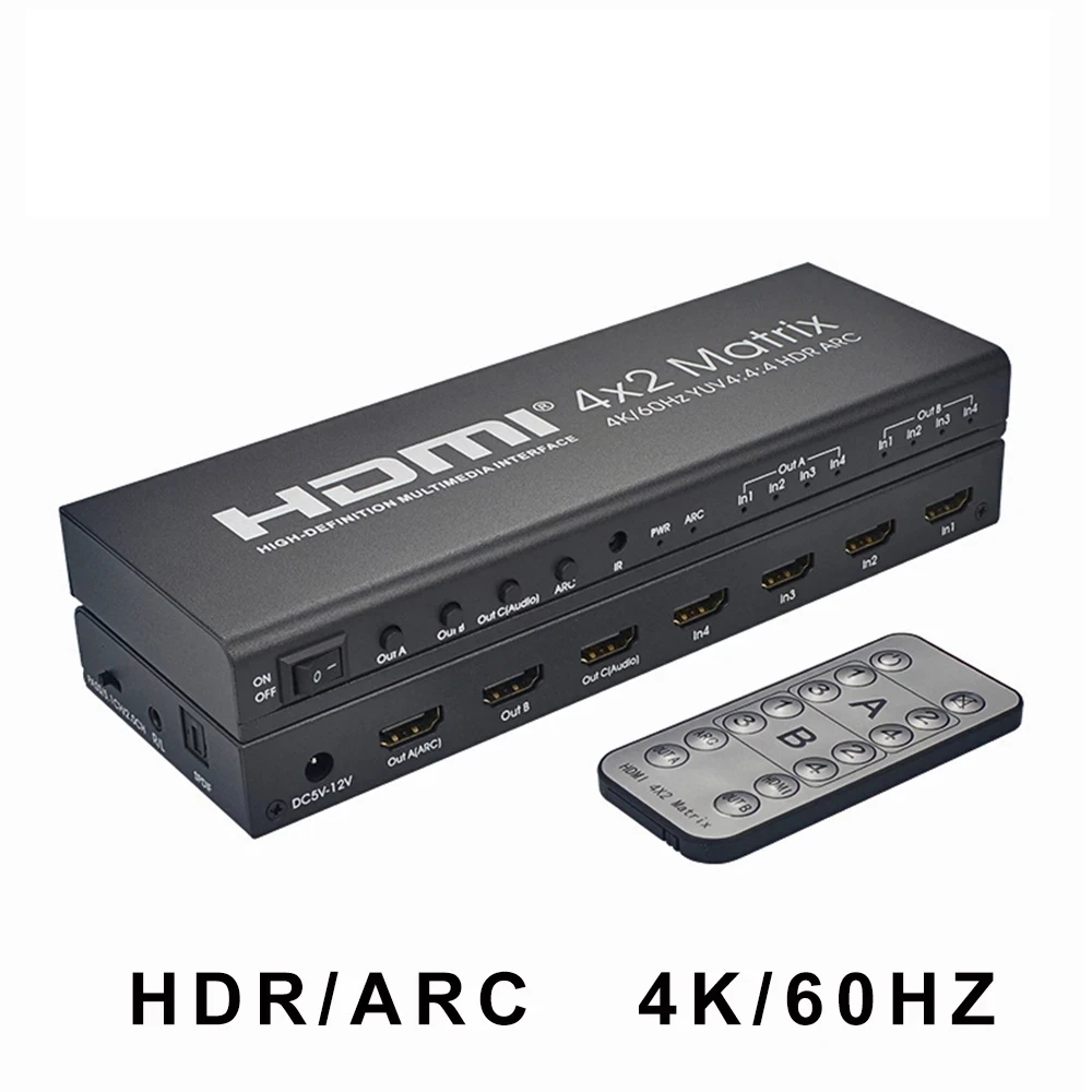 

HD Matrix 4x2 Switch Splitter 4K@60Hz HD 2.0 Matrix HD Switcher with Audio out YUV 4:4:4 HDR ARC IR Remote Control Optical SPDIF