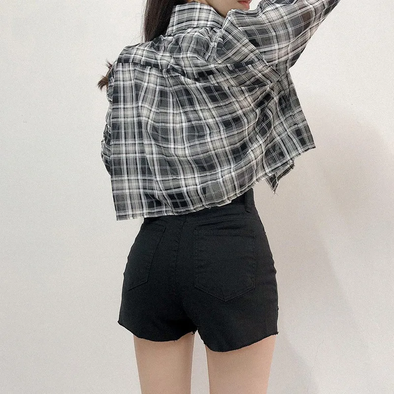 

The new summer women's fashion casual thin plaid short long sleeve blouse