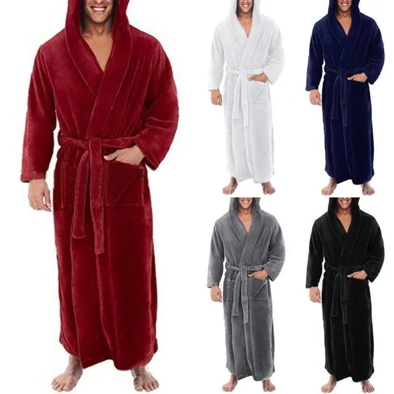 

Men Winter Fleece Long Sleeve Hooded Lounge Dressing Gown Full Length Bath Robe