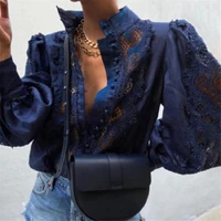 sexy embroidery crochet lace blouse shirts women elegant stand collar button top new spring autumn long sleeve office lady blusa