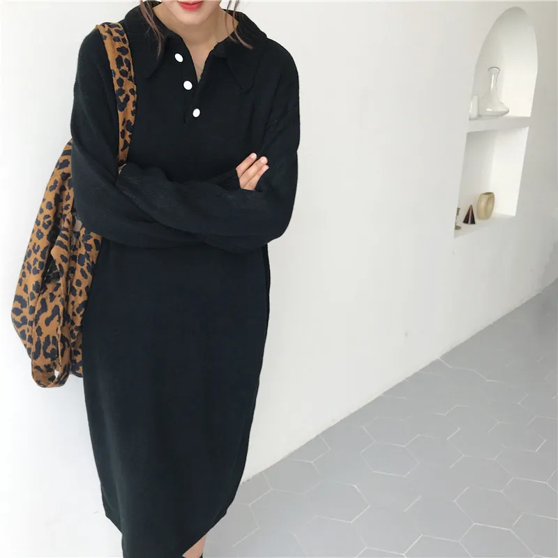 

Autumn Winter Women Plus Size Sweater Dress Long Sleeve Vintage Turn-down Collar Buttons Casual Loose Long Midi Knitted Dress
