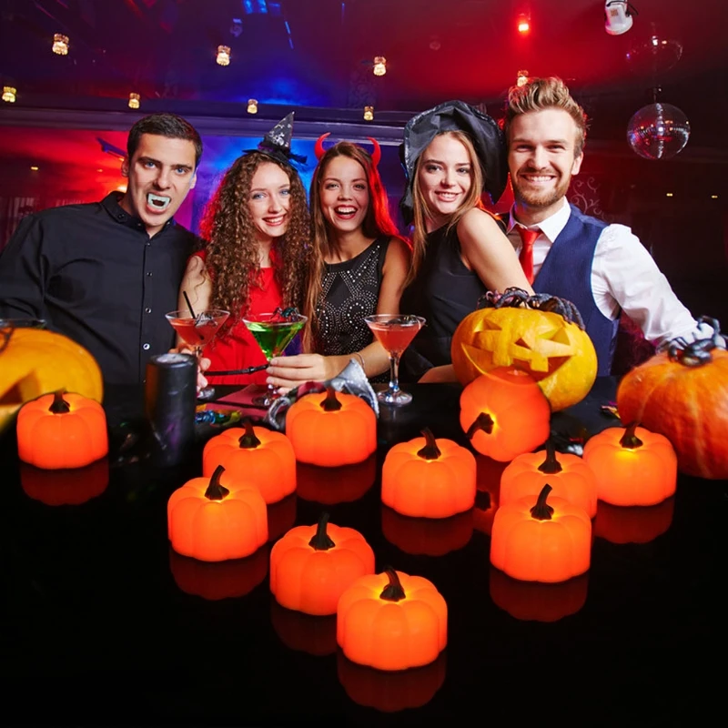 

Q0KF 12 Pcs Orange Pumpkin LED Lights Halloween Flameless Candles Lamp for Home Party