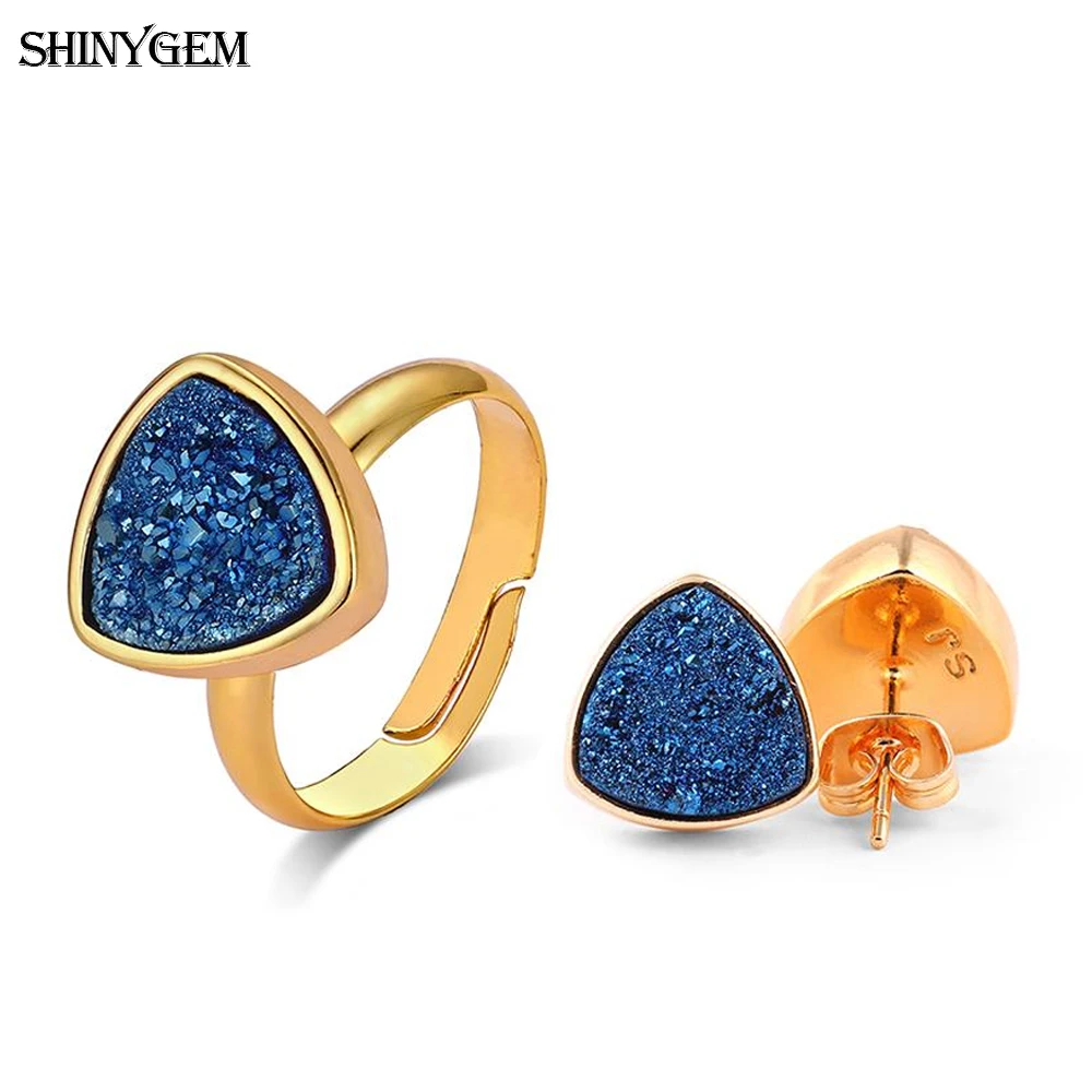 ShinyGem New Triangle Mineral Crystal Earrings Ring Party Jewelry Set Golden Sparkling Druzy Natural Stone For Women | Украшения и