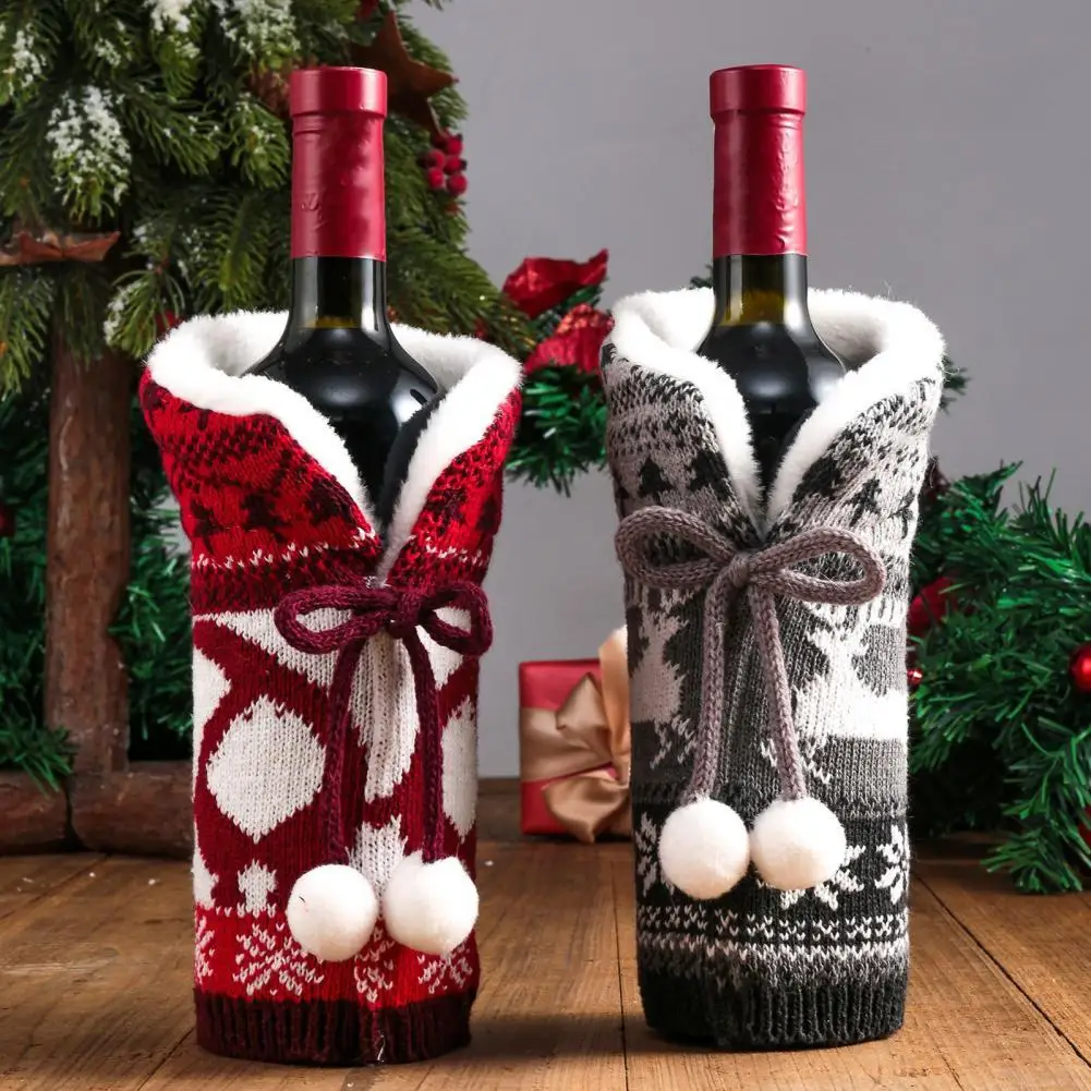 

Elk Print Wine Bottle Cover Xmas Tree Print Woolen Yarn Knitted Plush Ball Bow Xmas Wine Bottle Bag Festival Supplier