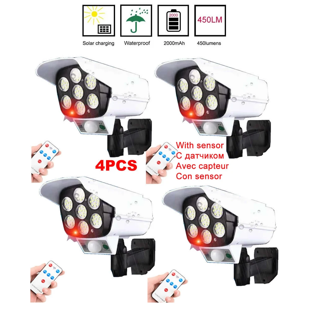 

4pcs remote solar fake monitor dummy camera Powered Wall Light Outdoor Waterproof PIR Motion Sensor lamps Park Courtyard Fence S