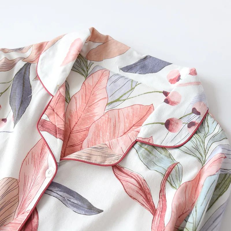 Women100% Cotton Spring Pajama Sets Nice Long Sleeve Turn-down Collar Pajamas Soft Leaves Printing Sleepwear Summer Homewear