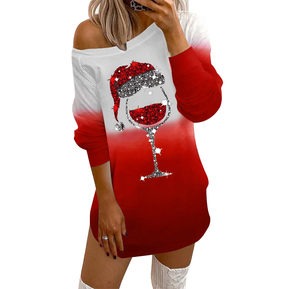 

Women Xmas Knee Length Dresses Round Neck Winter Long Sleeve Gradient Vestidos Loose Party Casual Christmas Print Shirt Dress