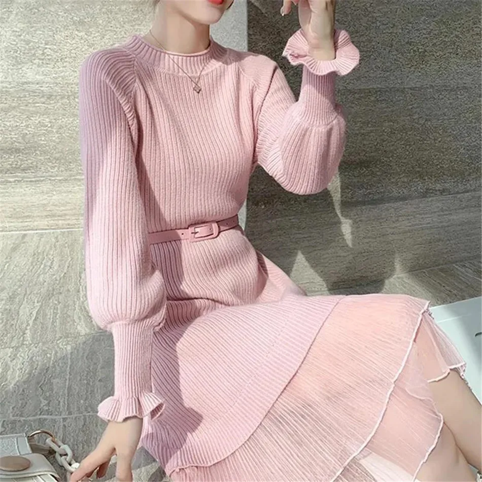 

Sweet Women Autumn Winter Knitting Dress Net Yarn Splice All-Match Half High Collar Elegant Sweater Mid-Length Dress TT0838