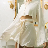 2021 new y2k womens 2 piece outfits sexy long sleeve button down crop t shirt tops wrap mini skirt set loungewear