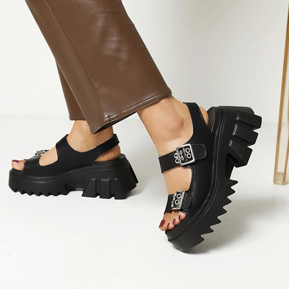 

RIBETRINI 2021 Trendy Goth Open Toe Platform Chunky Heels Wedges Buckle Metal Women Sandals Leisure Casual Black Summer Shoes