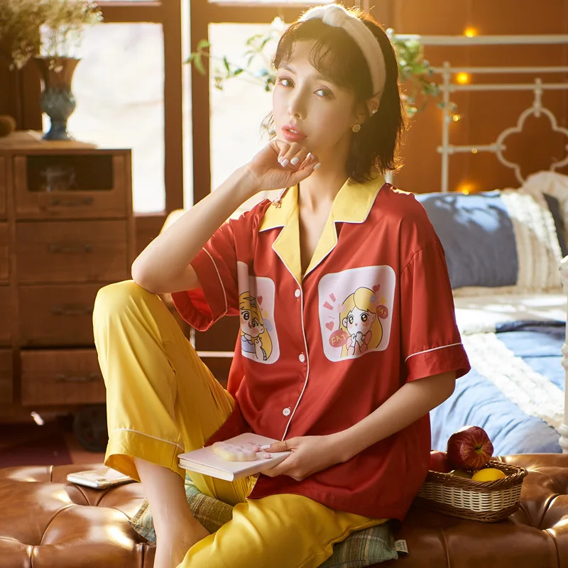Пижамный комплект Женский из искусственного шелка Свободная Домашняя одежда с