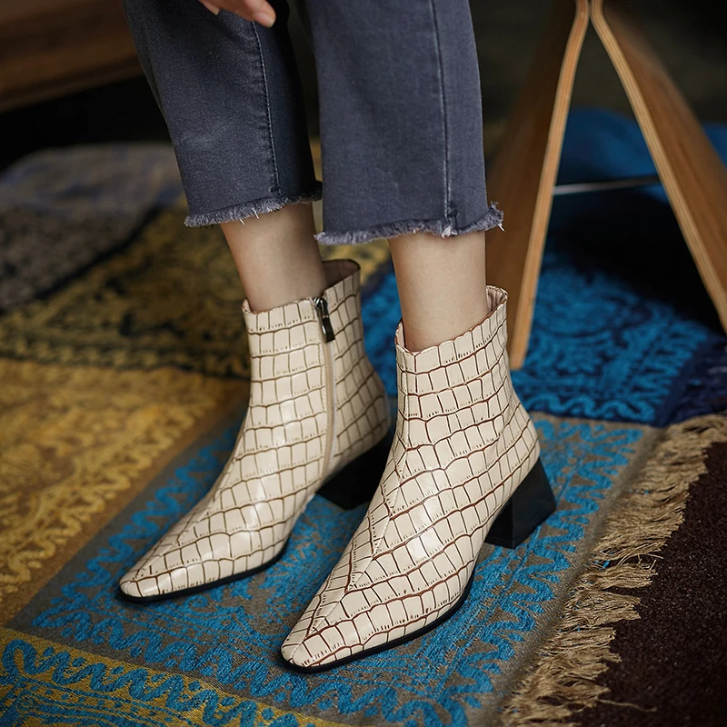 

MoonMeek 2020 New arrival fashion women boots genuine leather boots thick heels square toe with zip ankle boots ladies shoes