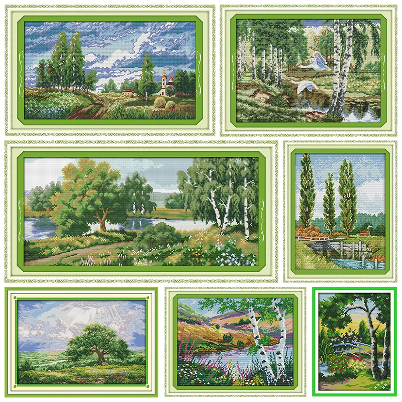 

Joy Sunday Stamped Cross Stitch Kits Embroidery The Trees Along The River 11CT 14CT Counted Printed Needlework Decor Crafts Sets