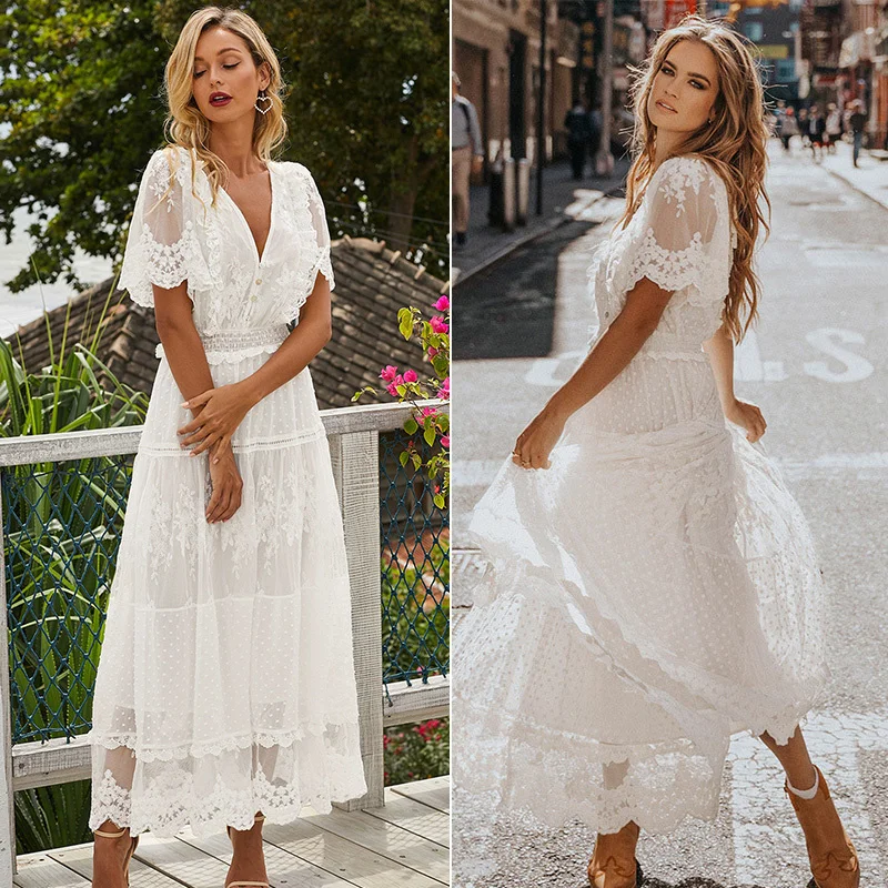 

Hollow Out White Dress Sexy Women Long Lace Dress Cross Semi-Sheer Plunge V-Neck Short Sleeve Lace Maxi Dress