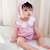 newborn lace romper baby summer rompers with hat infant petal collar jumpsuit 1st birthday baptism clothing toddler bodysuit
