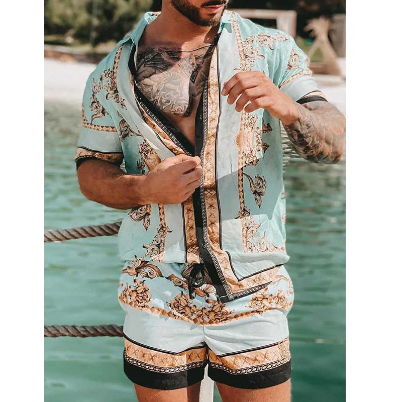 

New Hawaii Trend Printing Sets Retro Style Men Beach Shorts Shirt Clothing Holiday Casual Lapel Shirt Surfing Short Sleeve Suit