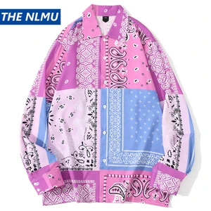 Гавайские рубашки с рисунком бандана, цветные блоки, пляжные праздничные повседневные рубашки с длинным рукавом, топы для вечевечерние, блузка хараджуку WY319