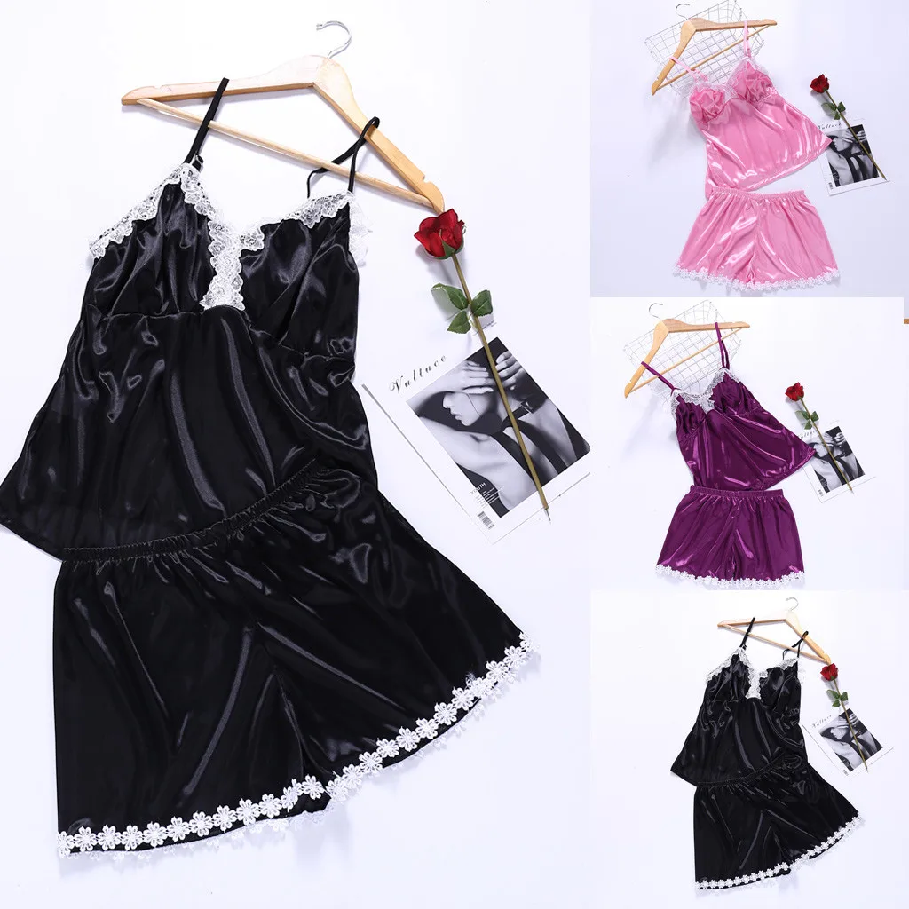 Женский пижамный комплект ночная рубашка Женская Сексуальная атласная одежда