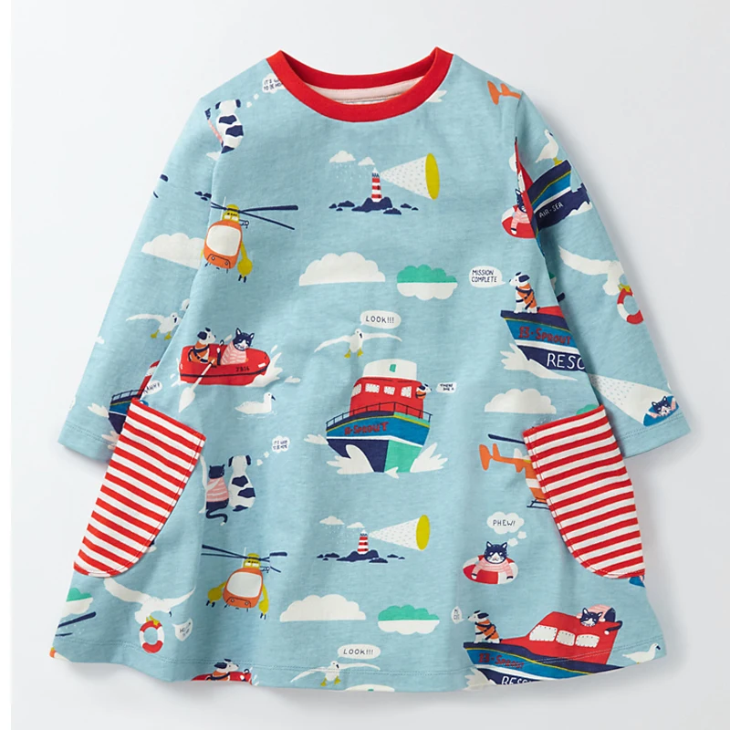 Children Dress 2020 New Europead &amp American Style Kids Animals Pattern Striped Pocket Princess Girl Dresses 2-7Y | Детская одежда и