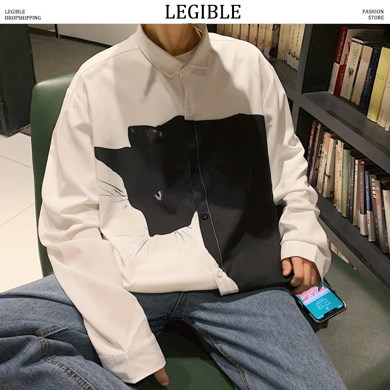 Рубашка LEGIBLE мужская с принтом кошки уличная одежда в японском стиле