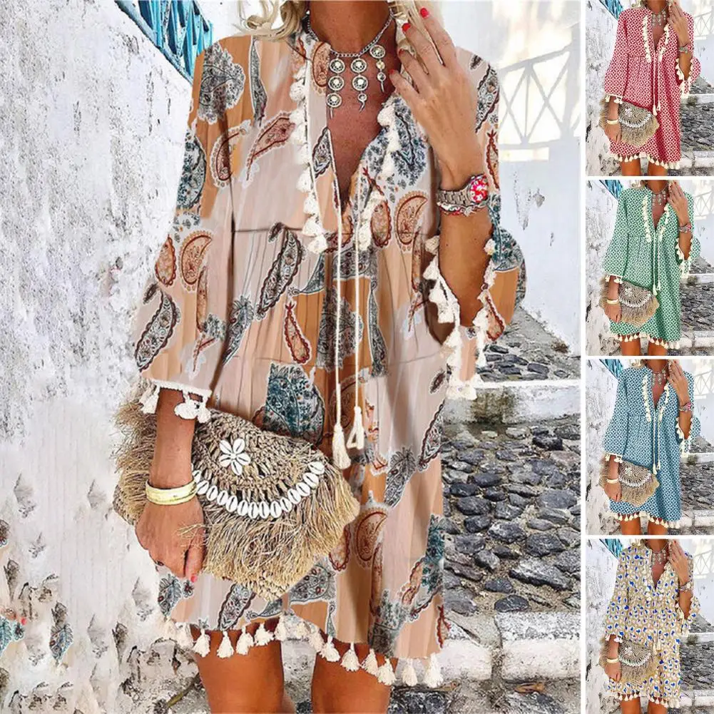 

Women Bohemian Dress 3/4 Sleeve Paisley Print Tassels Mini Loose Dress for Spring/Summer