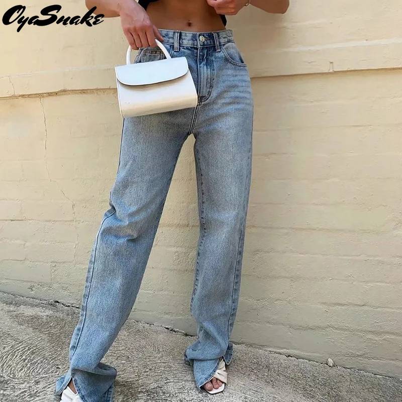 

Oyasnake New Women 2021 Streetwear Button Zipper Full Length Pant Ladies Loose Straight Pockets Split Casual Wide Leg Jeans