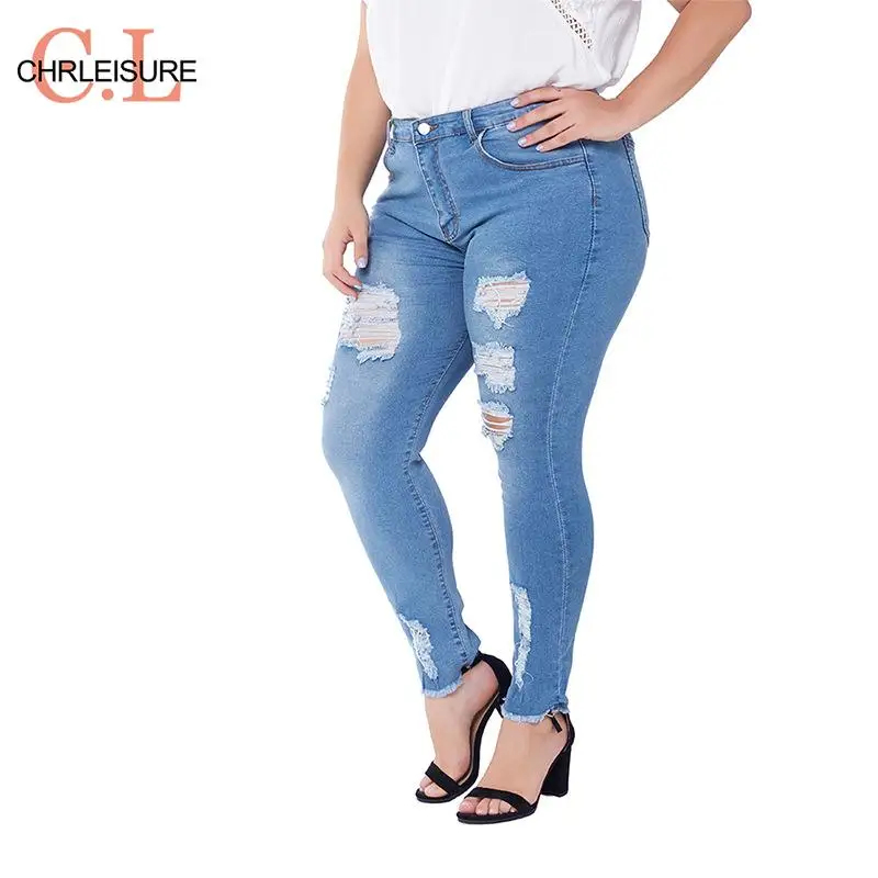 Женские рваные джинсы CHRLEISURE большого размера с дырками Стрейчевые колготки для