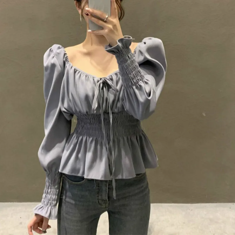 

Square Collar Clavicle Exposed Blouse Women Slim Waist Ruffles Ol Solid Blusas Spring 2021 New Flare Long Sleeve Shirt