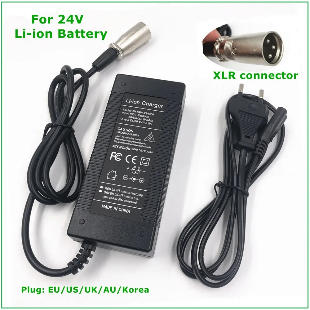 

24V E-bike Battery Charger Output 29.4V3A Li-ion Battery Charger 7 Series 25.2V 25.9V Lithium Battery Charger XLR Connector