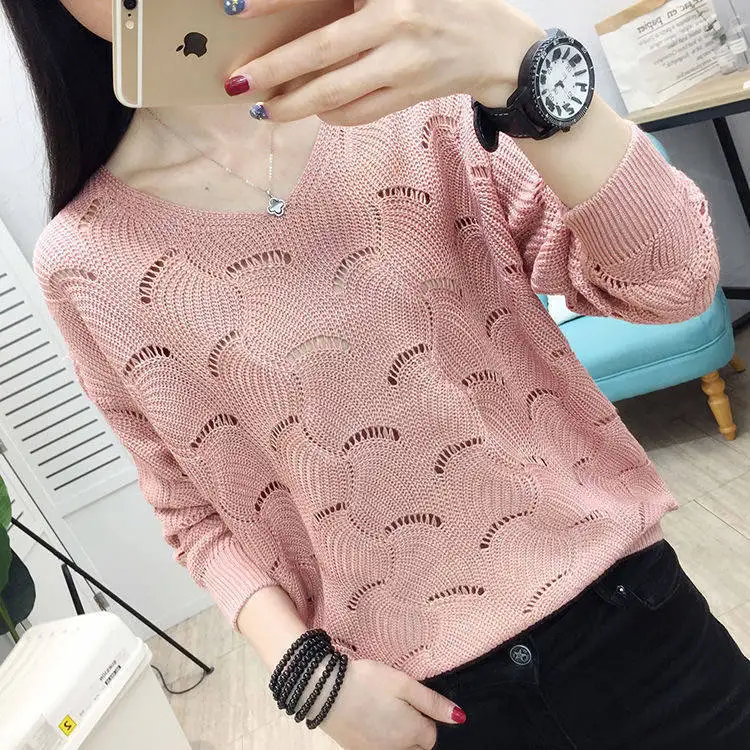 

2021 summer new Korean style hollow hedging knitted women's V-neck loose long-sleeved thin outer wear blouse top trendy