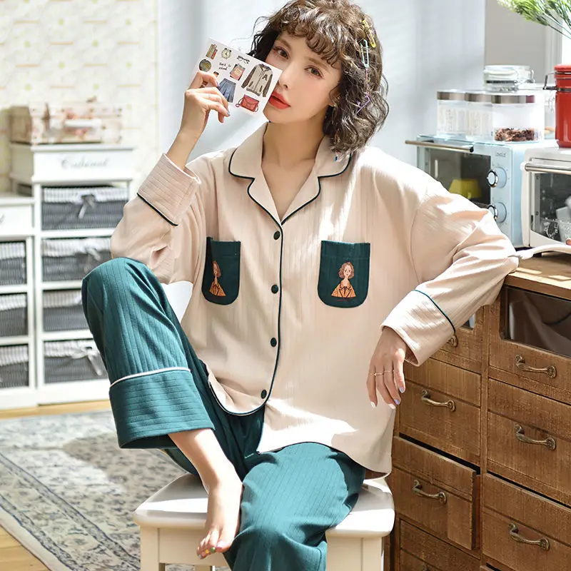 Ins Cotton Pajamas Women Spring and Autumn Students Korean Version of The Cute Long-sleeved Cardigan Models of Home Clothing Set