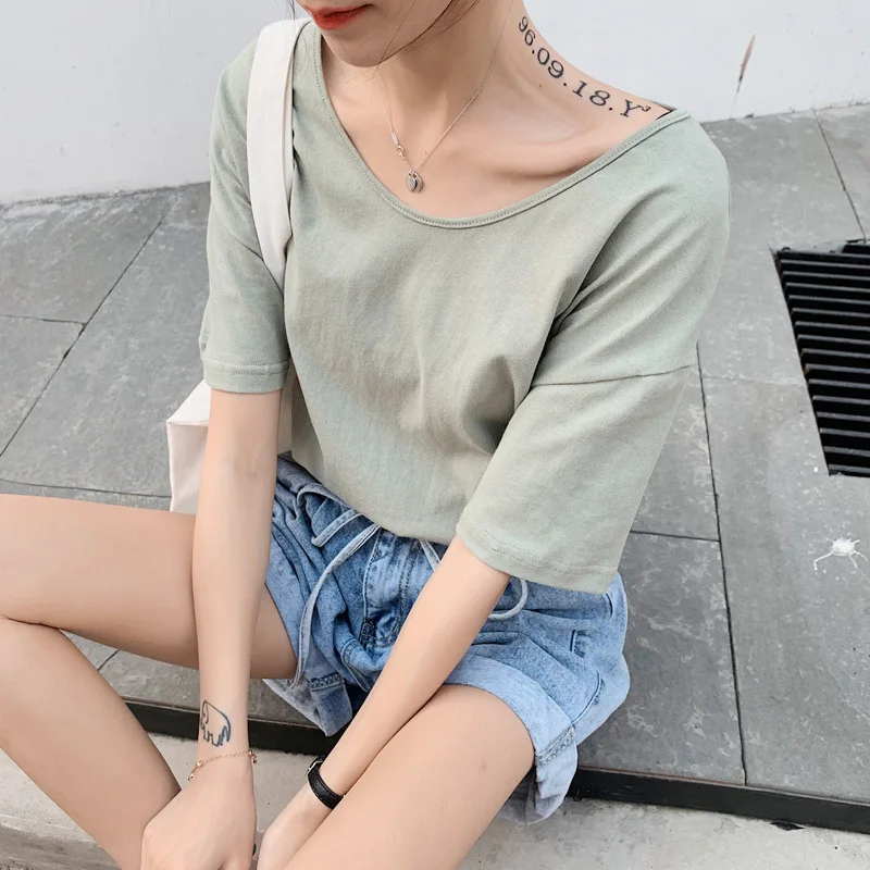 

T Shirt Women Clothes 2020 Fashion Tee Top Fashion Blue Cotton Ladies Tee Shirt