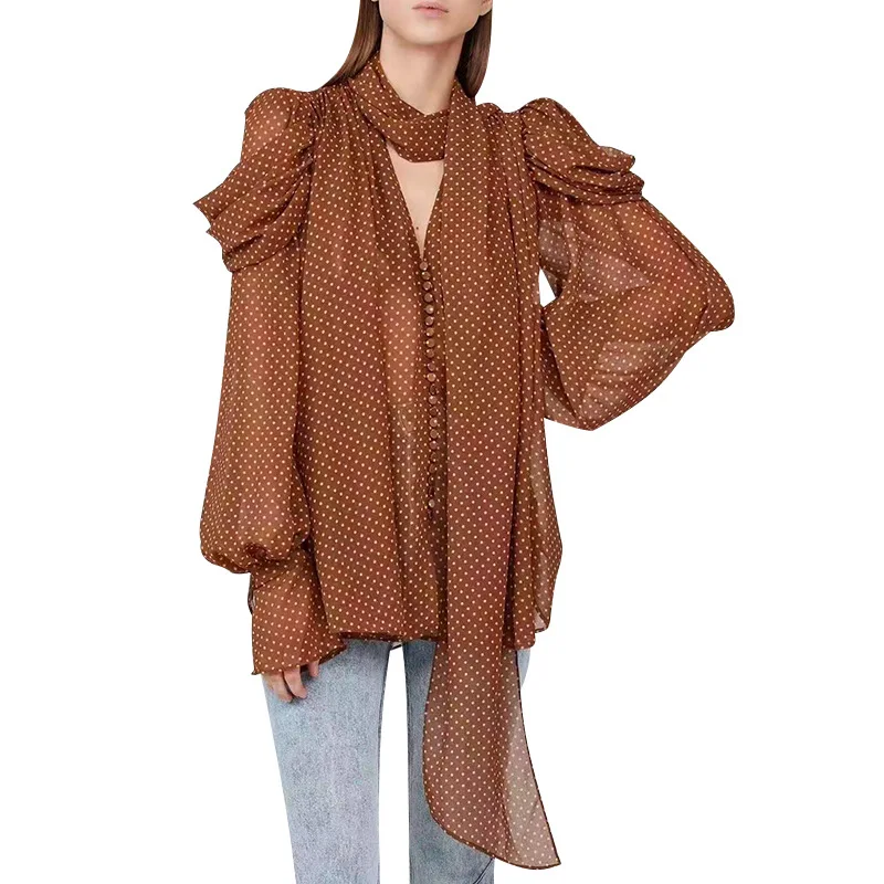 

Casual Simple Chiffon Shirt Women 2021 Summer Solid Color Polka Dot V-neck Silk Scarf Lantern Long Sleeve Blouse Mid-Length Tops