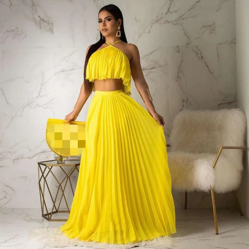 2019 сексуальный комплект из двух предметов Клубные наряды желтый короткий топ