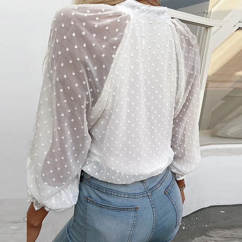 

Fashion Long Sleeve See-Through Mesh Blouse Women Elegant Solid Ruffle Autumn Shirt Blusas Summer Button V-Neck Office Lady Tops