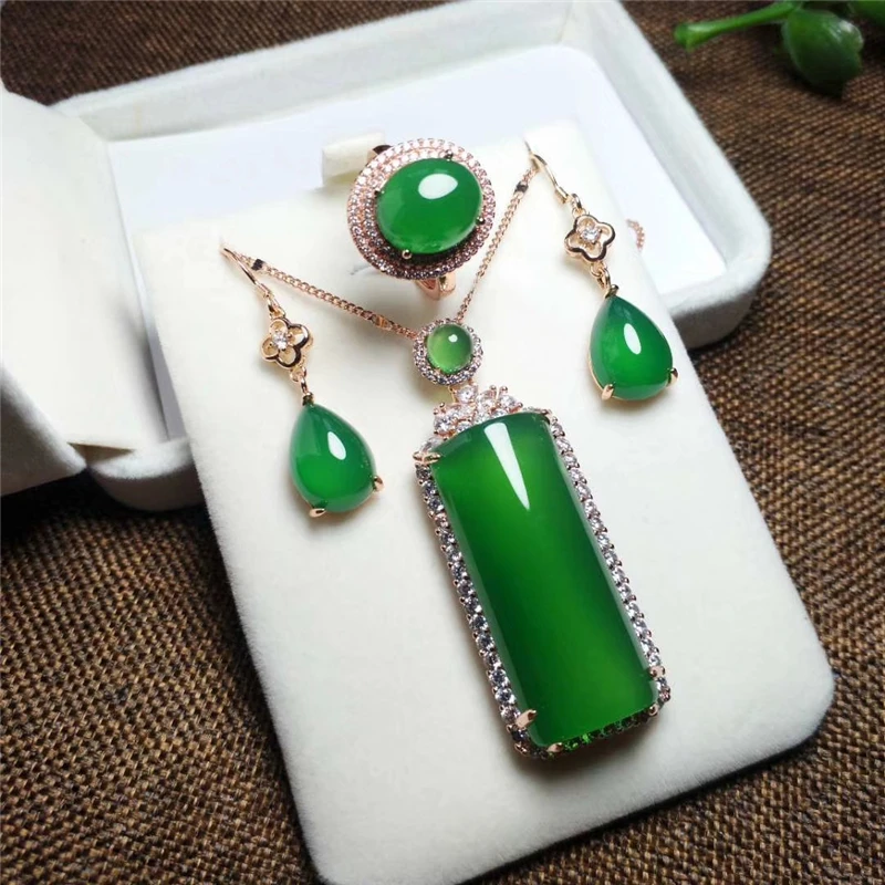 Jadery Роскошные зеленые нефритовые ювелирные изделия из халцедона наборы для
