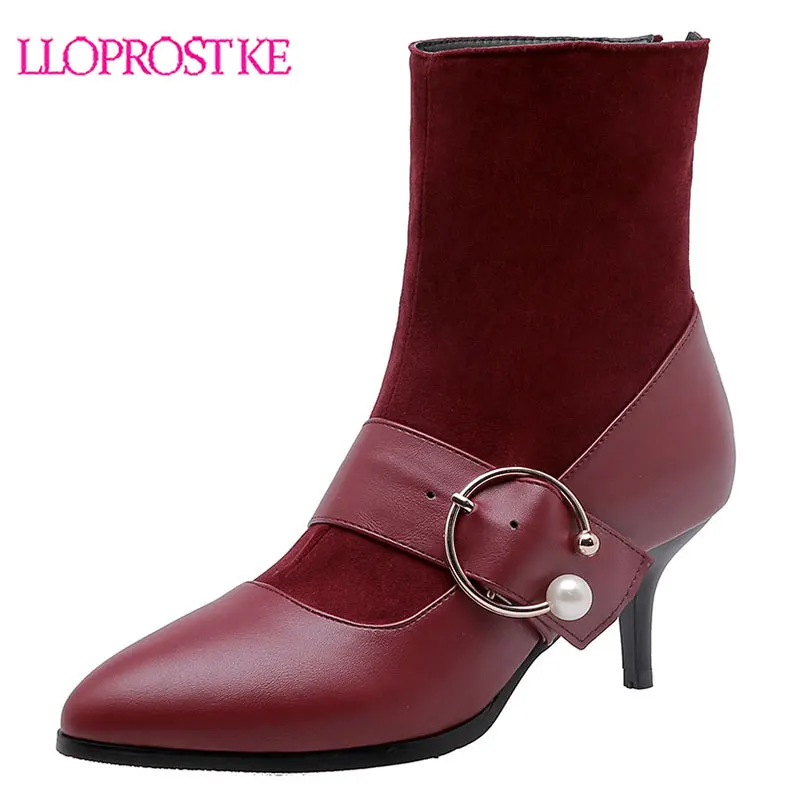 

Lloprost ke fashion pearls buckle thin high heel pointed toe sock boots for women ladies size 31-48 back zipper ankle boots H550