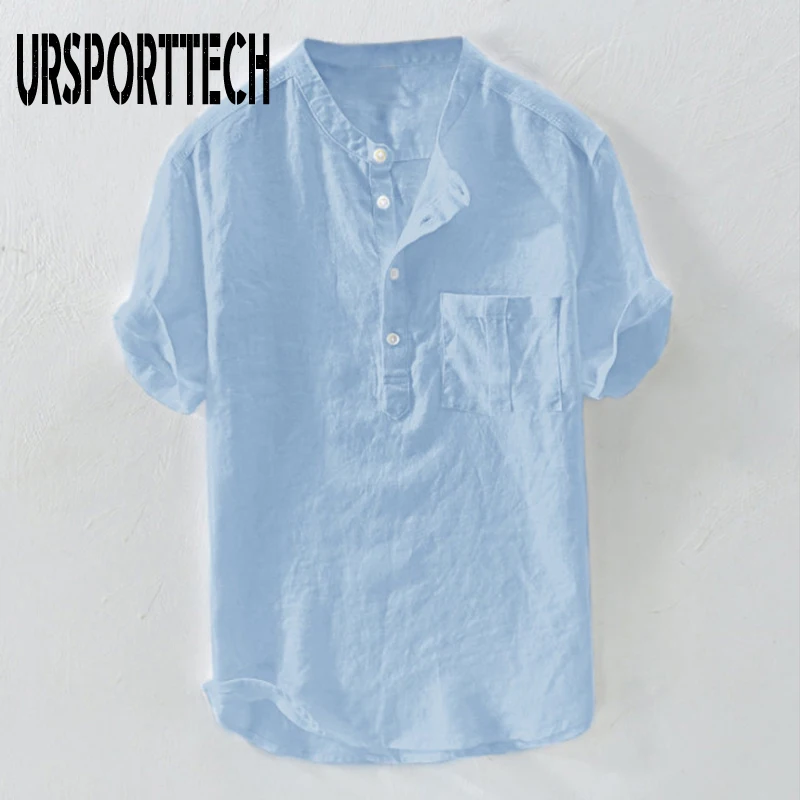 URSPORTTECH 2020 New Fashion Men's Cotton Linen Shirts Short Sleeve Summer Tee Casual Breathable Man Tops Blouse Plus Size M~4XL