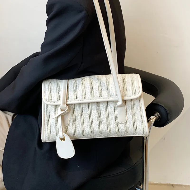 

Small Stripe Shoulder Bags for Women Summer New Flax Cotton Handbag Top Handle Bag Female Designer Hit Color Underarm Tote Bag