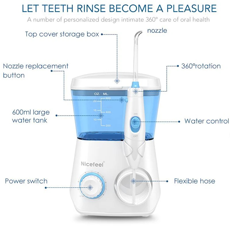 

Nicefeel Oral Irrigator Water Flosser Dental Jet Teeth Cleaner Hydro Jet With 600ml Water Tank & 7 Nozzle and 1 Toothbrush