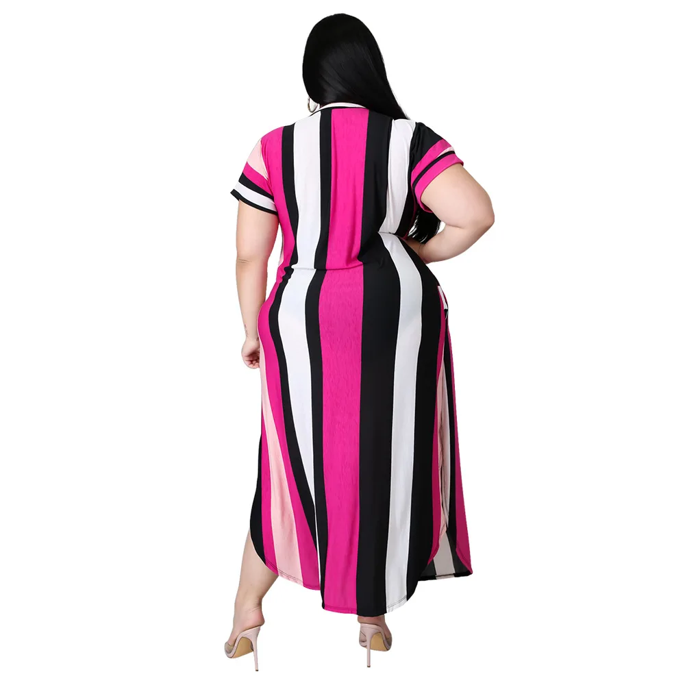 

FNOCE 2021 Summer New Casual V-neck Large Size Short Sleeve Dress Women's Fashion Striped Women's Summer Dress