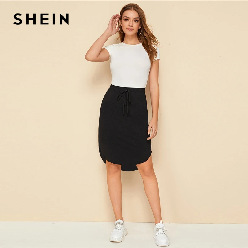 SHEIN черная Однотонная юбка с завязками спереди и высоким низким подолом Женская юбка Осенняя Женская Асимметричная Повседневная юбка длиной до колена