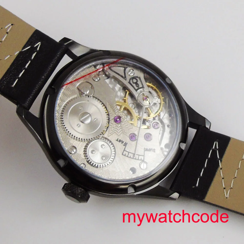 44 мм Parnis синий циферблат черный кожаный ремешок из нержавеющей стали чехол для