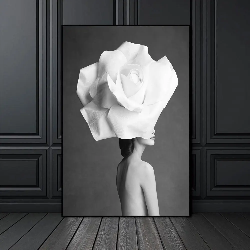 Плакаты и принты портрет черной белой цветочной девушки современная настенная