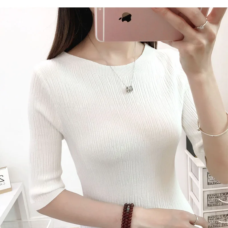Lcybhe New half-sleeved ice-silk knitted sweater with loose Korean version of Middle-Sleeve for students 19L | Женская одежда