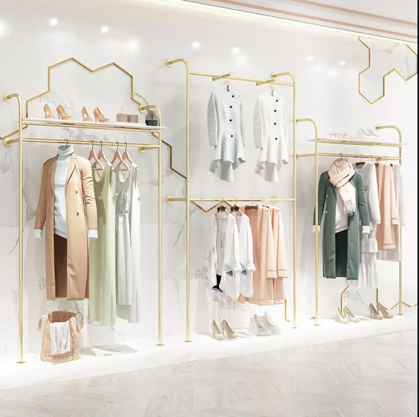 

Clothing store display rack floor type women's clothing store shelf double layer clothes rack gold wall clothes rack