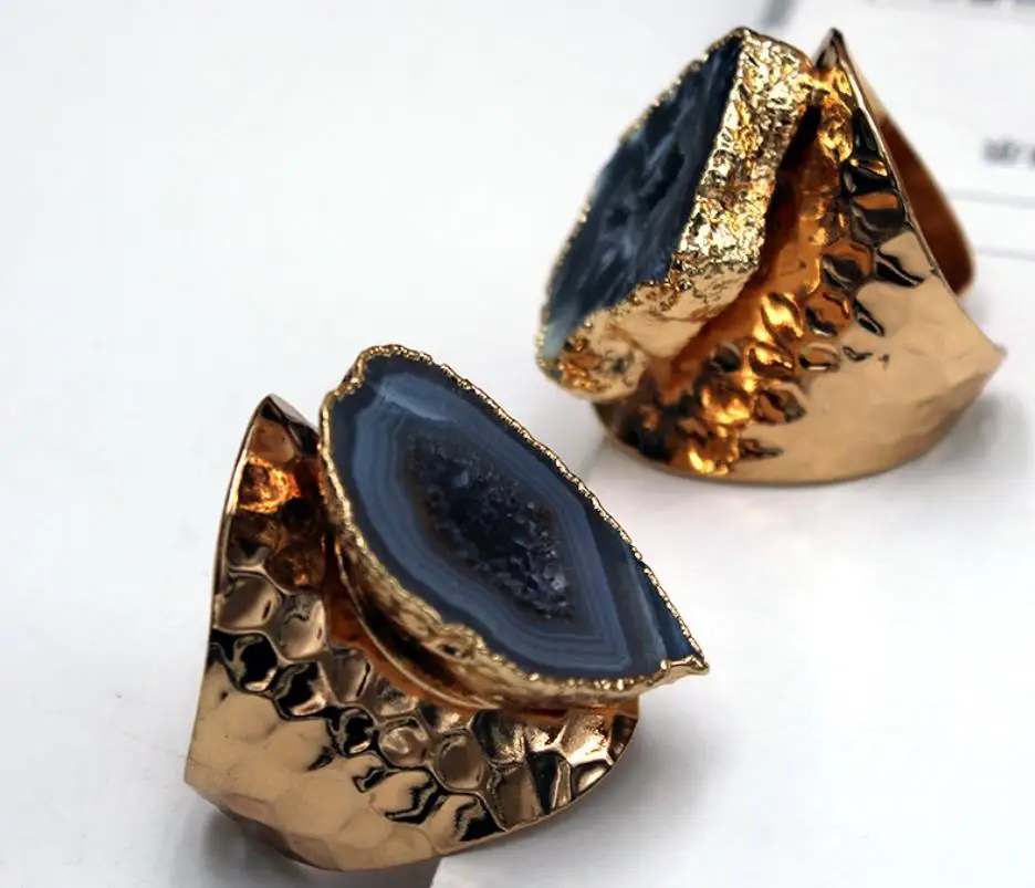 Большая Золотая оправа винтажные синие и фиолетовые жеодовые кристаллы цветок