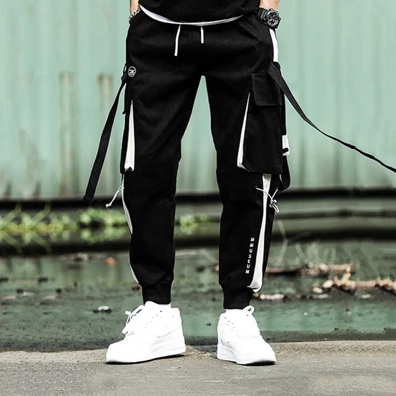 

2021 Joggers Cargo Pants for Men Casual Hip Hop Hit Color Pocket Male Trousers Sweatpants Streetwear Ribbons Techwear Pants