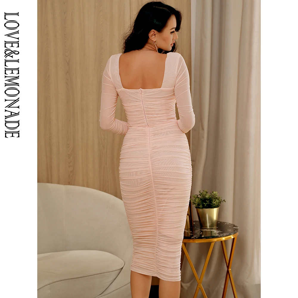 

LOVE&LEMONADE Pink Square Collar Elastic Mesh Slim Long Sleeve Over-The-Knee Party Dress (With Lining) LM81941